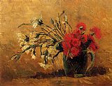 Carnations Canvas Paintings - Vase with Red and White Carnations on a Yellow Background